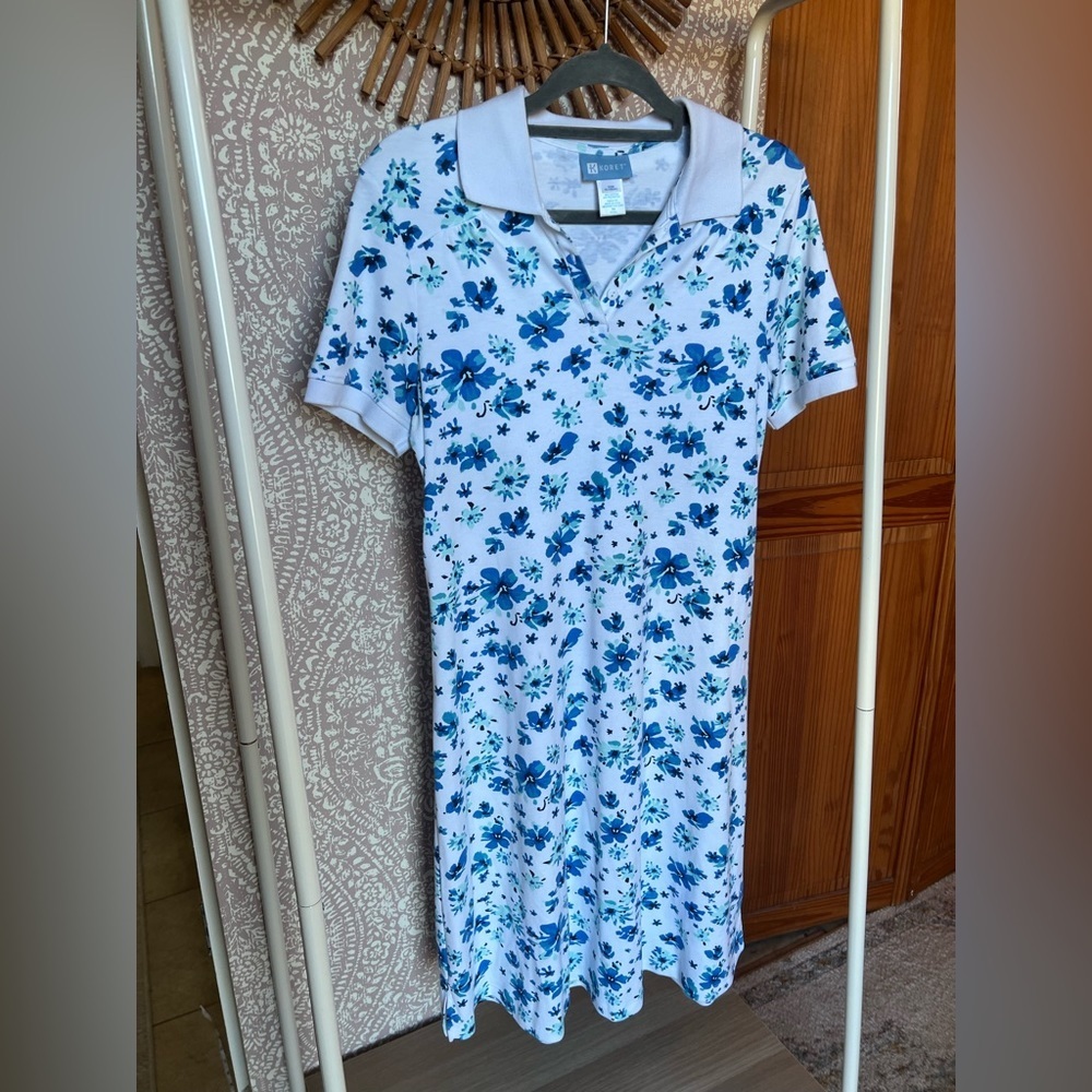 Vintage 1980 Koret Blue White Floral Collared Shirt Dress